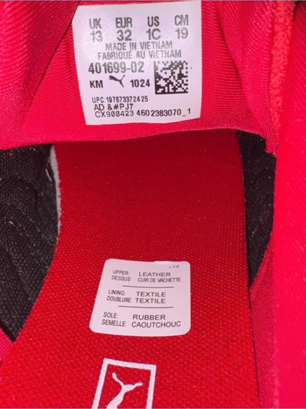 Kid Size 1C PUMA Speedcat OG Athletic Shoe -Red / White.